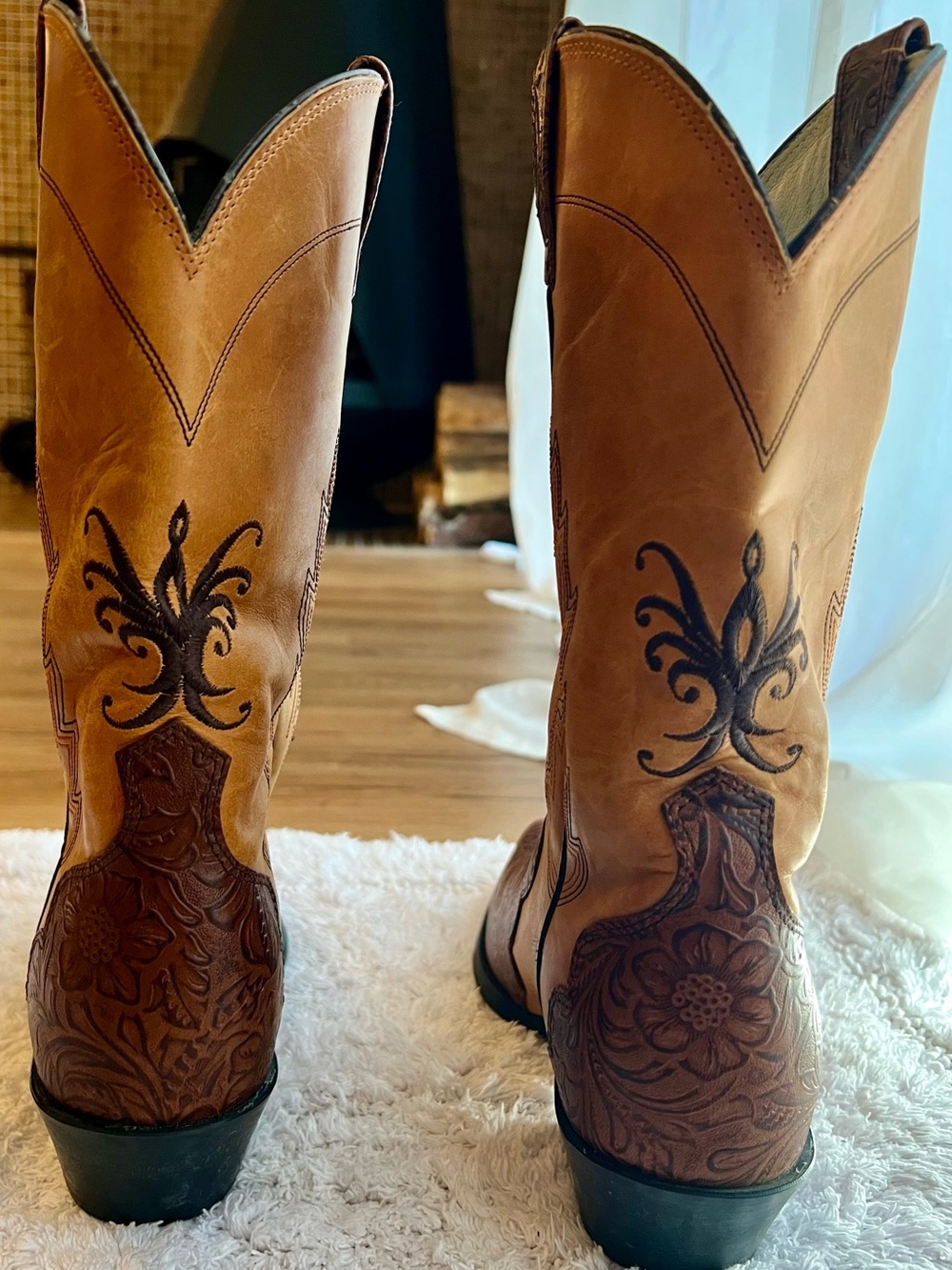 Ariat Tan and Brown Embroidered Leather Western Heeled Boots